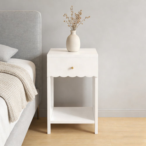 Ebern Designs Scalloped Edge Modern Bedside Table – Minimalist Nightstand With Drawer & Open Shelf For Kids’ Room Bedroom | Wayfair