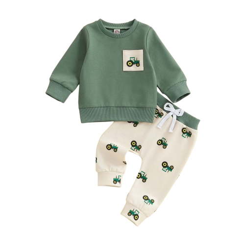 Baby Toddler Boy Spring Outfit 3 6 12 18 24 Months 2T 3T Tractor Long Sleeve Sweatshirt Long Pants 2 Pcs Set Farm Clothes