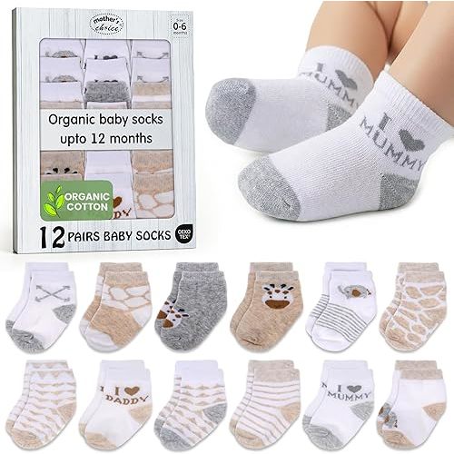 Mother's Choice Baby Socks 0-6 Months 12 Pairs Organic Cotton Blend Newborn Socks for Boys Stay-On Stretch Infant Socks OEKO-TEX Certified Baby Gift