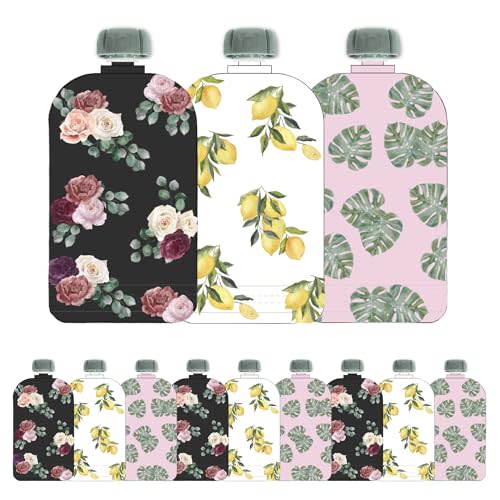 Hippypotamus Reusable Baby Food Pouches - 12 Pack - Baby Food Storage - Pouches Toddler - Refillable Squeeze Pouch for Kids (GRAY/WHITE/PINK)