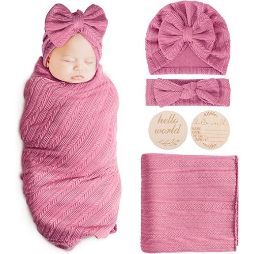 AQOKKA Newborn Receiving Blanket with Bow Hat Headband Wooden Card Set Wheat-Pattern Newborns Toddler Baby Boy Girl Nursery Swaddle Wrap