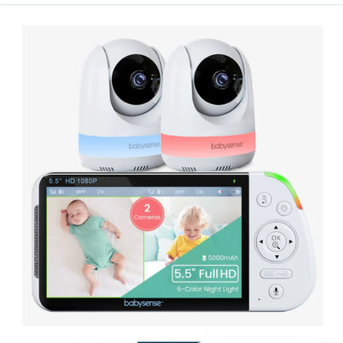 Babysense Max View: Video Baby Monitor with 2 Cameras, Split Screen, Non Wifi, Night Light & Sound Machine