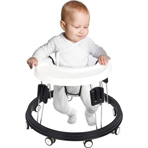 Adjustable Baby Walkers for Baby with Easy Clean Tray, Universal Wheeled Walker, Anti-Rollover Folding Walker for Girls Boys 6-18Months Toddler, White, 1.0 Count