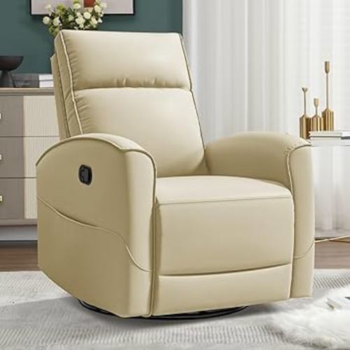 Swivel Rocker Recliner Chair, Manual Faux Leather Glider Rocking Recliners for Adults, 360° Swivel Nursery Reclining Sofa with Storage Pocket