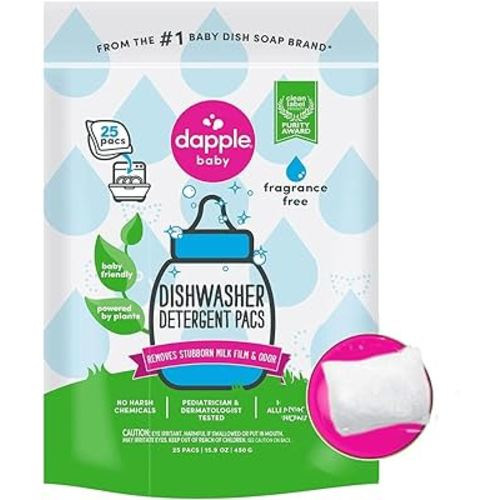 DAPPLE Baby Dishwasher Pacs, Fragrance Free Dishwasher Pods, Plant Based, Hypoallergenic, 25 Count