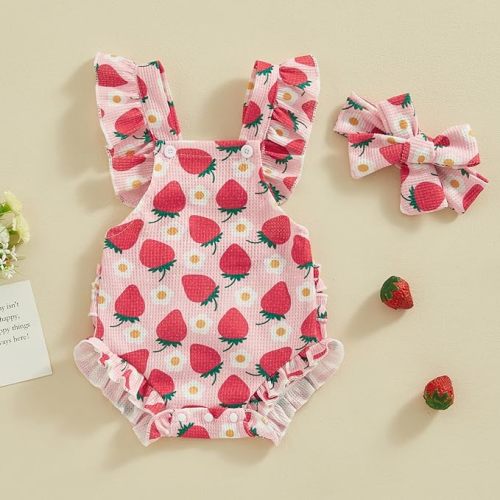 Mubineo Baby Girl Summer Clothes Ruffle Overall Romper Outfits Cute Sleeveless Overalls Rompers Newborn Outfit - Pink Red Strawberry - 6-12 Months