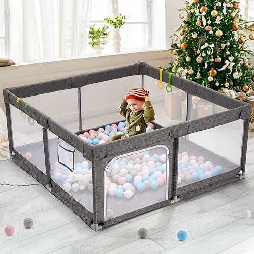 UANLAUO Baby Play Pen, Sturdy Playpen for Babies, Safety Baby Play Yards, Easy Assembly Large Babies Playpen for Babies, Anti-Collision BPA-Free Breathable Mesh Play Pen (Gray), 59x59 in