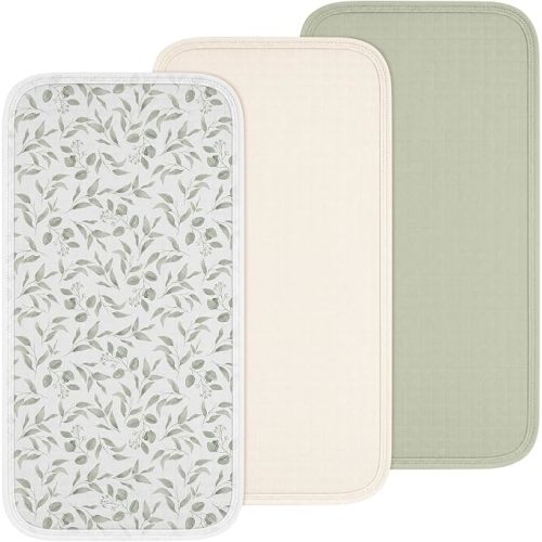 3 Pcs Waterproof Changing Pad Liners Reusable Baby Diaper Pad Liners for Girl Boy 27.5 x 14.2 Quilted Floral Cotton Changing Table Cover(Green Leaves)