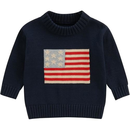 Toddler Baby Boy Girl 4th of July Outfit Long Sleeve American Flag Sweater Memorial Day Patriotic Pullover Knit Tops