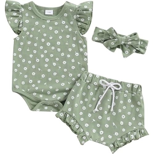 Hnyenmcko Newborn Baby Girl Clothes Daisy Print Fly Sleeve Romper Ruffle Bloomer Shorts Headband Set Infant Summer Outfits