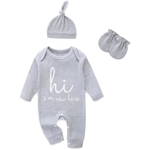 Newborn Girls and Boys Romper, Hi I’m New Here Long Sleeve Cotton Baby Clothes, Newborn Coming Home Outfit