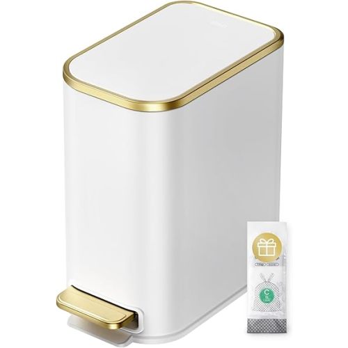 Cesun Small Bathroom Trash Can with Lid Soft Close, 5 Liter/1.3 Gallon Stainless Steel Garbage Can with Removable Inner Bucket, Step Pedal, Slim Waste Basket for Toilet, Office, Bedroom (White&Gold)