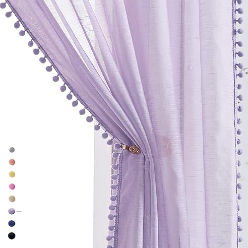 Treatmentex Pompom Sheer Curtains for Living Room 72" Lilac Window Drapes Lavender Voile Curtain for Girls' Room 2panels Rod Pocket