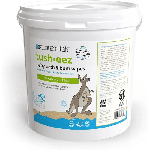 Tush-eez 400ct Baby Wipes - Unscented, Hypoallergenic Water Wipes for Sensitive Skin, 99% Water & Plant-Based, Plastic Free, 8x8 Large Size - Newborn Essentials Must Haves