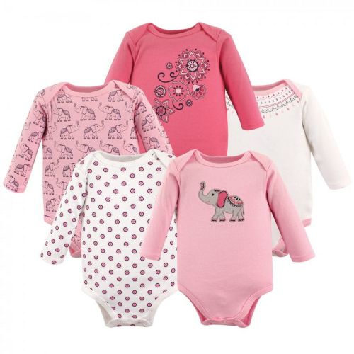 Hudson Baby Infant Girl Cotton Long-Sleeve Bodysuits 5pk, Boho Elephant, 3-6 Months