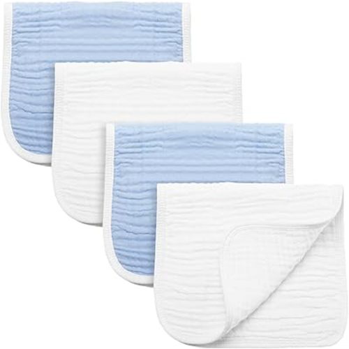 Synrroe Burp Cloths Large, Muslin Burp Cloths for Baby Girls and Boys, Pack of 4 Extra Absorbent and Soft Muslin Bibs, 6 Layers 20 by 10 Inches 100% Cotton (Blue-White 4 Pack)