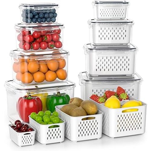 Fruit Storage Containers for Fridge with Removable Colander, 8 Pack Fruit Containers for Fridge with 2 Function Divider Plate, Airtight Storage Container to Keep Berry Fruit Fresh, Dishwasher Safe