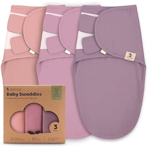 Sweety Fox 3-Pack Organic Baby Swaddle Sleep Sacks - Swaddles for Newborns, Infant 0-3 Months, Baby Girls, Boys, Soft & Snug Newborn Sleep Sack, Nursery Swaddling Blankets, Velcro Closure (Pink Blush)