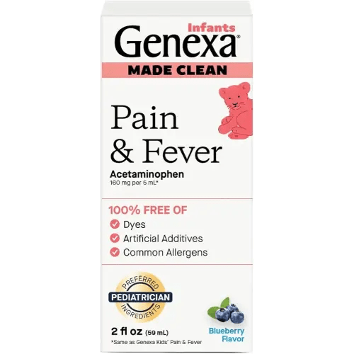 Genexa Infants' Clean Acetaminophen | Pain Reliever & Fever Reducer | Dye Free, 0% Artificial Additives | Baby Sick Essentials & Infant Medicine | Delicious Organic Blueberry Flavor, 2 fl oz