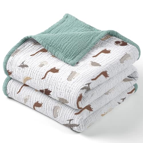 Lulu moon Muslin Baby Blanket - Cotton Quilt Blankets for Toddlers - Reversible Nursery Crib Blanket for Baby Boys and Girls 47"x47"(Sage Dinosaur)