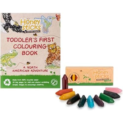 Honeysticks 100% Pure Beeswax Crayons (10 Pack) - Easy Grip Triangle Crayons for Pencil Grip Development for Toddlers PLUS Premium Recycled Paper Coloring Book