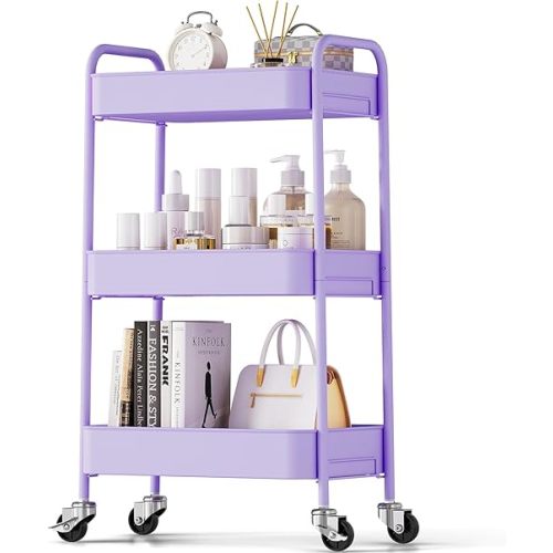 TOOLF Chariot utilitaire à 3 niveaux en métal avec roues verrouillables, chariot de rangement pour loisirs créatifs, chariot de service facile à assembler pour bureau, salle de bain, cuisine, chambre