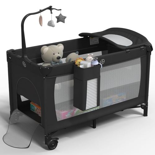5 in 1 Pack and Play, Baby Bassinet Bedside Sleeper, Extra Large Baby Playard with Wheels, Bedside Crib with Changing Table, Foldable Travel Playard for Newborn to Toddles (Black) 1