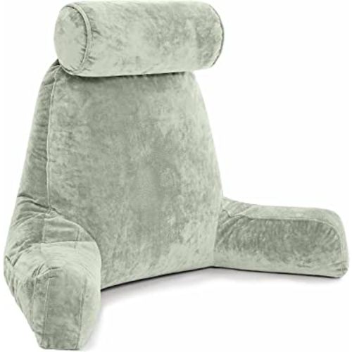 Husband Pillow XXL Desert Sage Backrest with Arms - Adult Reading Pillow Shredded Memory Foam, Ultra-Comfy Removable Microplush Cover & Detachable Neck Roll, Unmatched Support Bed Rest Sit Up Pillow