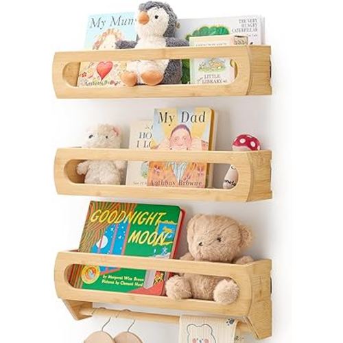 Floating Shelves for Wall, Premium Bamboo Wood, Fully Assembled - Nursery Book Shelves, Nursery Decor, Book Shelf for Kids Rooms, Wall Mounted Bookshelves, Set of 3 Natural