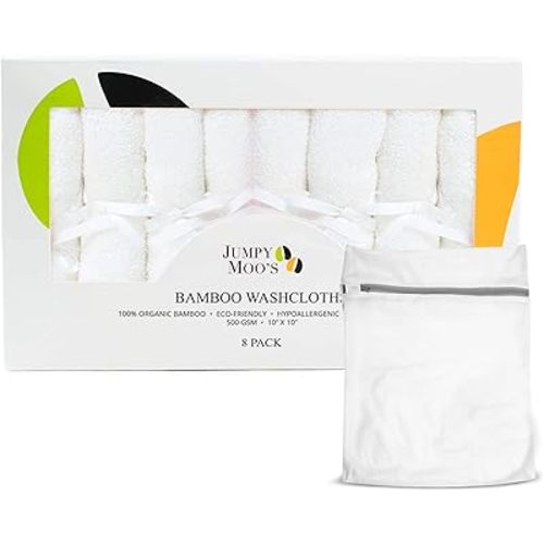 JM Baby Washcloths - 100% Bamboo 10x10 Inch, Ultra Thick & Absorbent, Gentle on Delicate Skin, Premium Baby Face Cloth, Debarbouillette pour Bébé, Giftbox & Laundry Bag Included 8 Pack, White