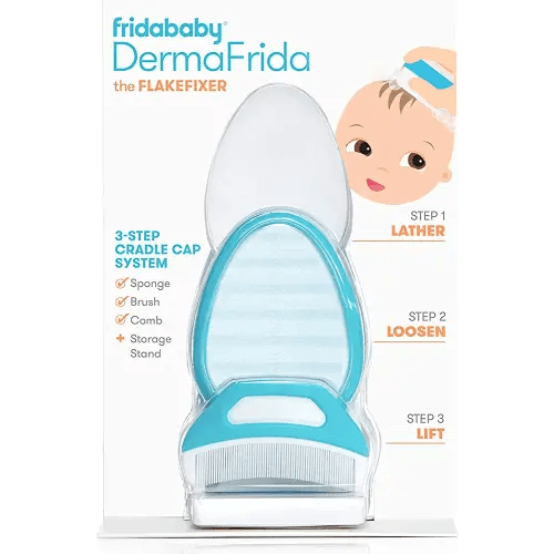 Frida Baby The 3-Step Cradle Cap System | DermaFrida The FlakeFixer | Sponge, Brush, Comb and Storage Stand for Babies with Cradle Cap