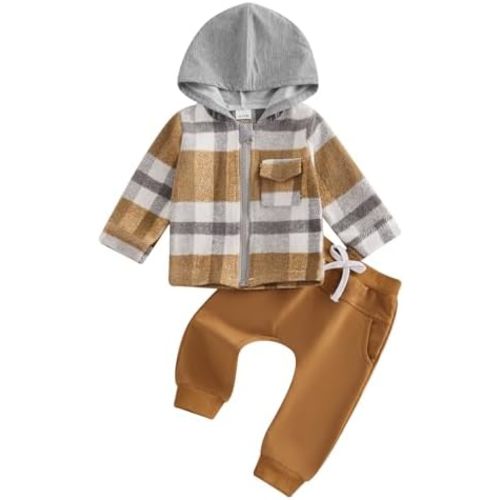 Kayotuas Toddler Baby Boy Fall Winter Outfit Vintage Plaid Hoodie Jacket Shirts Pants Set Infant 2 Piece Sweatsuit Tracksuit