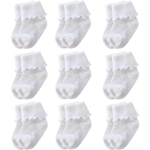 6 &12 Pairs Infant Toddler Baby Kids Turn Cuff Ruffle Cotton Socks - 0-6 Months - 9 Pairs-ruffle White