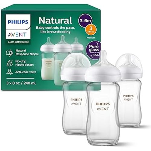 Philips Avent Natural Glass Baby Bottles with Natural Response Nipples (Medium Flow, Flow 3), 8oz, 3-pack, SCY913/03
