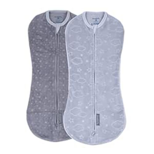 SwaddleMe by Ingenuity Compression Baby Swaddle Pod in Velboa, Two-Way Zipper for Easy Diaper Changes, Improves Sleep & Calms Startle Reflex, 0-2 Months, 1.0 TOG, 2-Pack - Clouds & Stars