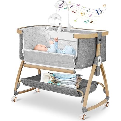 Bedside Bassinet for Baby,3 in 1 Bassinet Bedside Sleeper,Rocking Bassinet for Baby with Mattress,Mobile,Mosquito Net,Storage Basket,6-Height Adjustable Bassinet with Wheels for Newborn Infants