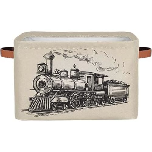 Large Storage Baskets for Organizing Shelves Vintage Steam Locomotive Train Foldable Cube Storage Bins with Handles Rectangle Fabric Closet Organizers for Home Toys Clothes, 1 Pack