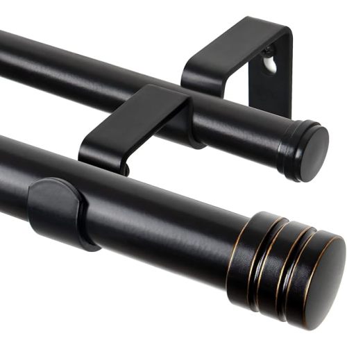 TONIAL1 Inch Double Curtain Rods 72 to 144 Inch (6 to 12 ft), Heavy Duty Decorative Drapery Rod for Windows 69 to 140 Inch (5.75 to 11.7 ft) with Classic Cap Finial, Black