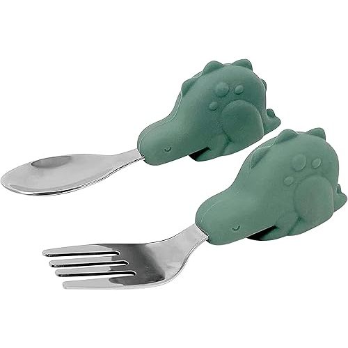 Tiny Twinkle Easy Grip Toddler Utensils Spoon and Fork Set - BPA & Phthalate Free Utensil Sets, Kids Silverware With Silicone Handle, Baby Led Weaning Supplies for 12 Months & Up (Olive Dinosaur)
