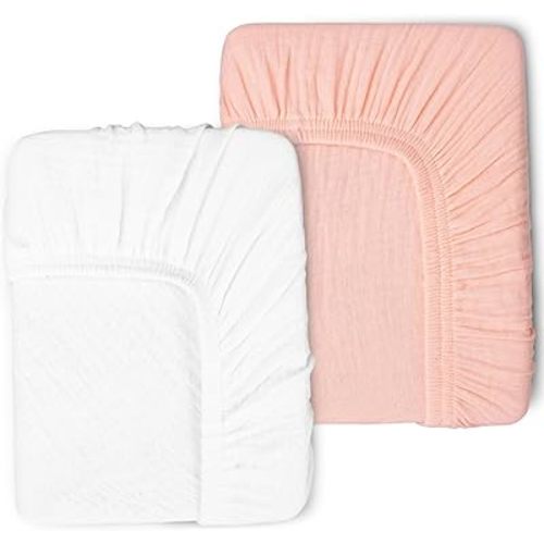 2 Pack Muslin Fitted Crib Sheets for Baby Girls & Boys-Neutral Breathable Crib Mattress Protector for Standard Crib Mattress (28"x 52")-Soft No Slip Toddler Cotton Bedding-Blush & White