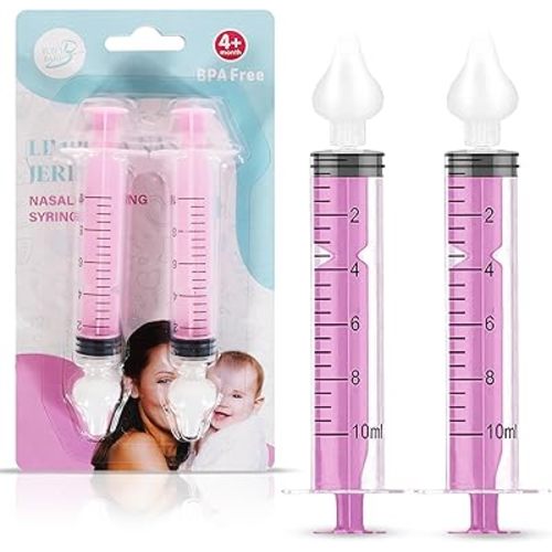 Baby Nasal Syringe (2-Pack) - Safe Silicone Nasal Aspirator for Newborn - Infant Mucus Removal - 10ml Nose Cleaner Syringe for Baby - Toddler Congestion Relief - Reusable Tips - Pink