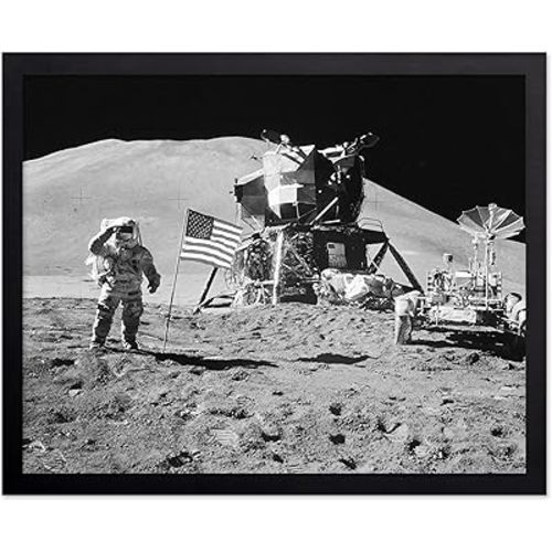 Poster Master Apollo 15 Poster - Astronaut in Moon Print - Space Exploration Art - American Flag Art - NASA Art - Black and White Art - Photography Art - Office Wall Decor - 8x10 Black Framed