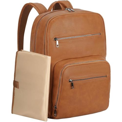 VASCHY Diaper Bag Backpack for Mum Dad, Unisex Large Waterproof Vegan Leather Baby Bag with Changing Pad,Insulated Pockets,Padded Laptop Sleeve for Travel,Brown