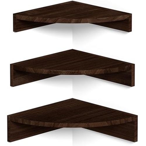 Alsonerbay Corner Shelf Wall Mount, Set of 3 Floating Shelves for Storage and Display, Rustic Wood Shelves for Bedroom, Kitchen, Living Room, Nursery and Office (Dark Brown)