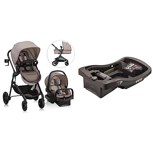 Evenflo Pivot Modular Travel System with LiteMax Infant Car Seat with Anti-Rebound Bar (Desert Tan) and Evenflo LiteMax Infant Car Seat Base, Black