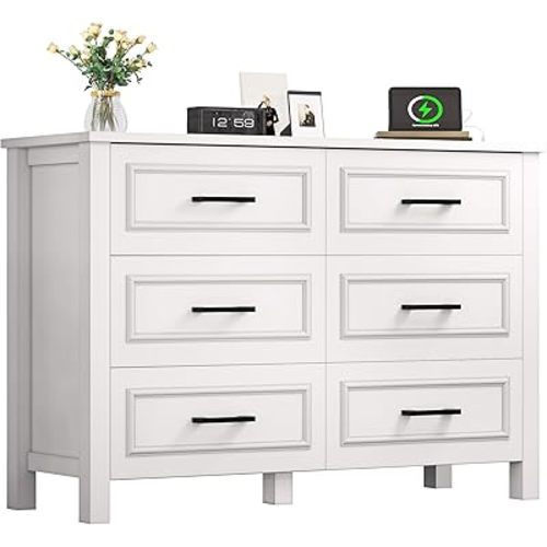 YITAHOME 6-Drawer Dresser with Built-in Power Outlet, Wood TV Stand with 6 Large Drawers & Bar Handles, Dresser Chest of Drawers for Entryway Living Room Hallway, White & Walnut