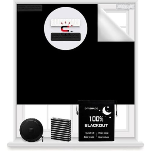 Magnetic Blackout Blind 100% Blackout Curtain DIY Window Blinds Black Out Window Shades for Baby Nursery,Cut to Any Size/Shape (118"x57") (Black)