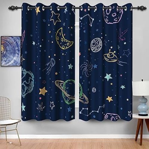 Baocicco Navy Blue Space Curtains for Boys Room Cartoon Stars Planets Theme Galaxy Curtains for Kids Bedroom Drapes with Grommet Nursery Decor Curtain 2 Panels 42x84 Inch