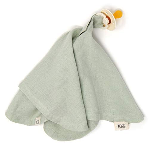 Kishu Baby Indi Organic Paci Blanket - Fairtrade & GOTS Certified 100% Organic Cotton Muslin Mini Baby Blanket with Snap to Secure Baby Pacifier - Pacifier Not Included (Sage)