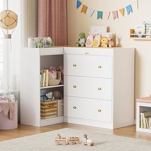 PAKASEPT Modern Nursery Changing Table,Corner Baby Changing Table with 3 Drawers,2 Open Storage Racks,Multi Functional Diaper Changing Station for Children's Rooms,for The Nursery